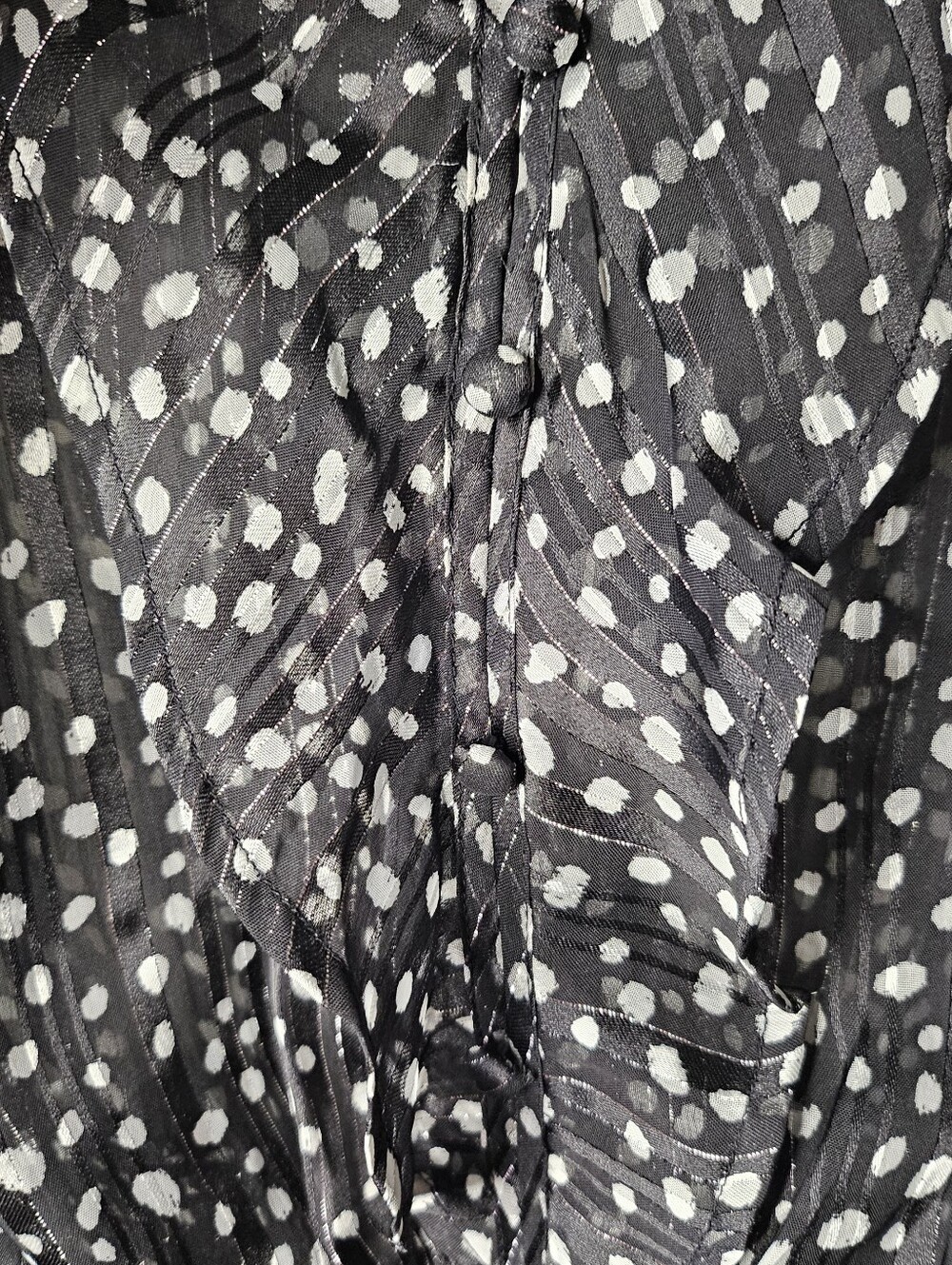 Emaline Petite Large Black Polka Dot Blouse Ruffle Smocked Peplum Sheer Metallic - Picture 5 of 14